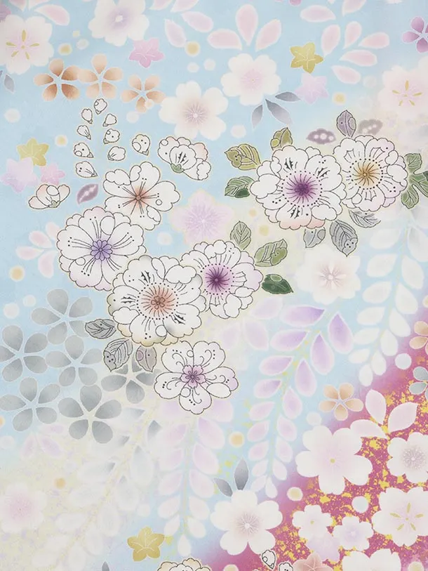 七五三(7歳結び帯)Y629【正絹】水色 裾パープル 辻が花調