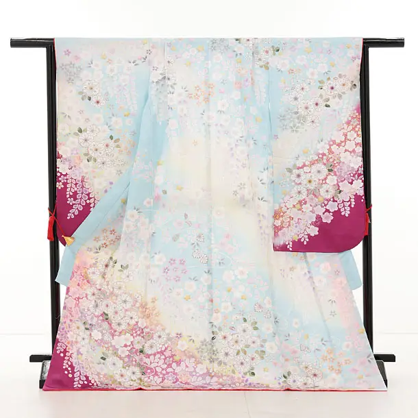 七五三(7歳結び帯)Y629【正絹】水色 裾パープル 辻が花調