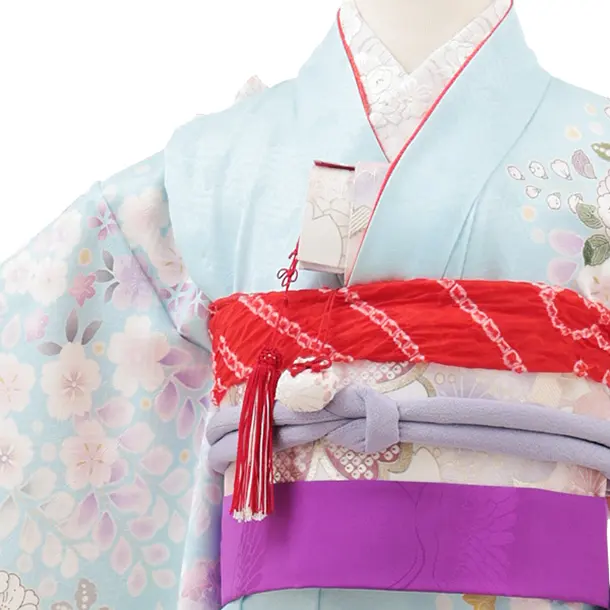 七五三(7歳結び帯)Y629【正絹】水色 裾パープル 辻が花調