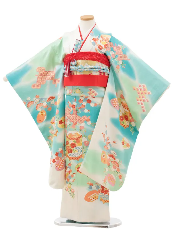 七五三(7歳袋帯)Y634【高級正絹】白ブルー 花に吉祥文様