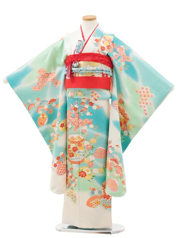 七五三(7歳袋帯)Y634【高級正絹】白ブルー 花に吉祥文様