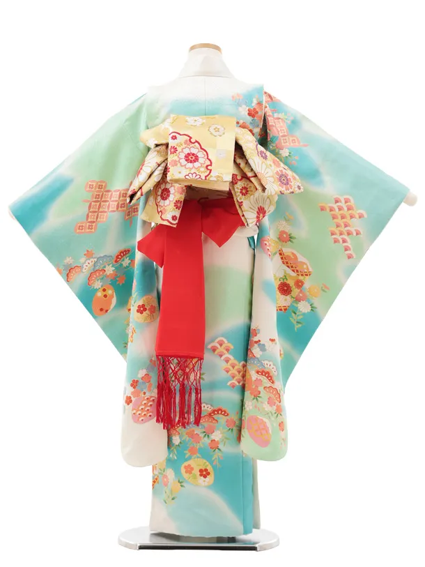 七五三(7歳袋帯)Y634【高級正絹】白ブルー 花に吉祥文様