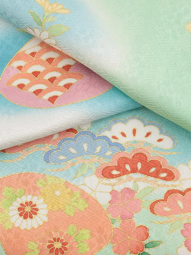 七五三(7歳袋帯)Y634【高級正絹】白ブルー 花に吉祥文様