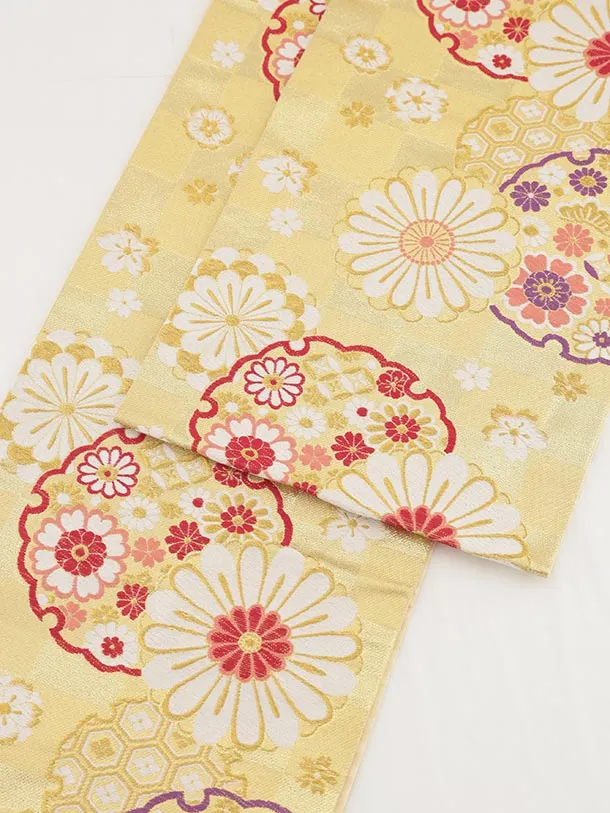 七五三(7歳袋帯)Y634【高級正絹】白ブルー 花に吉祥文様