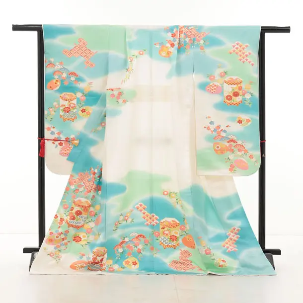 七五三(7歳袋帯)Y634【高級正絹】白ブルー 花に吉祥文様