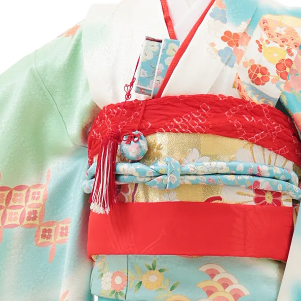 七五三(7歳袋帯)Y634【高級正絹】白ブルー 花に吉祥文様