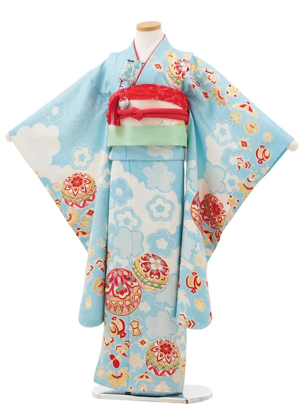 七五三(7歳袋帯)Y636【高級正絹】水色 慶長絞り 雲取りに梅