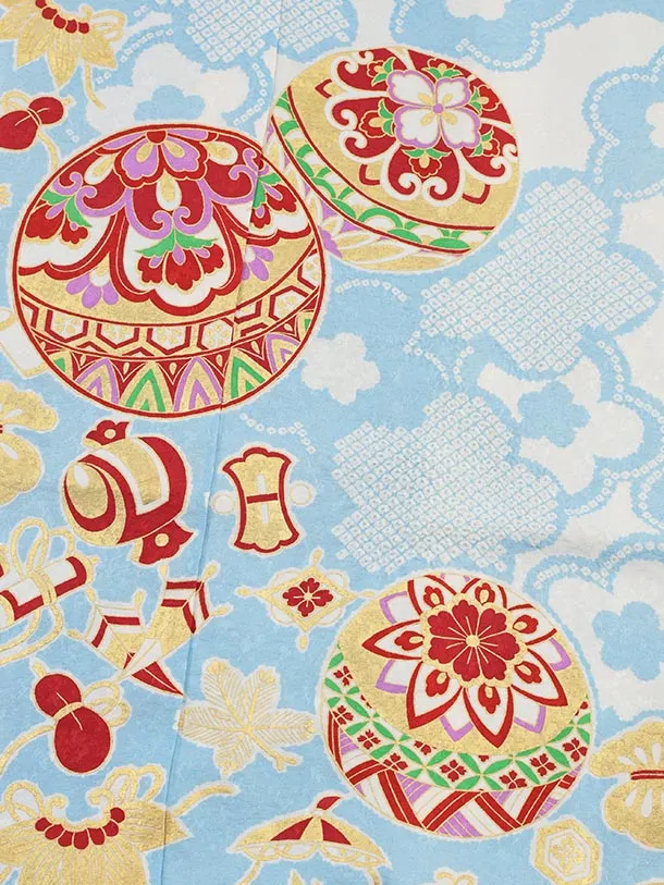 七五三(7歳袋帯)Y636【高級正絹】水色 慶長絞り 雲取りに梅