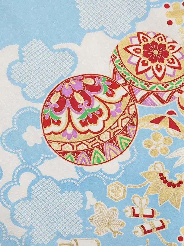 七五三(7歳袋帯)Y636【高級正絹】水色 慶長絞り 雲取りに梅