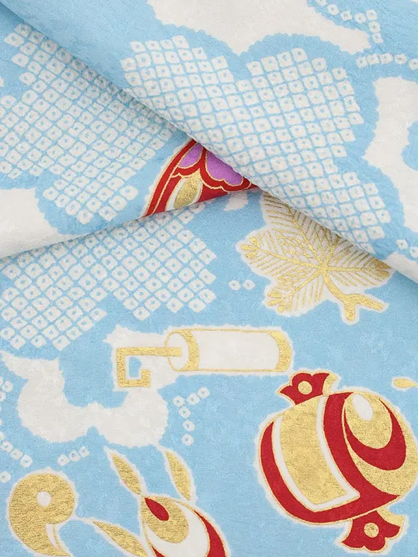 七五三(7歳袋帯)Y636【高級正絹】水色 慶長絞り 雲取りに梅