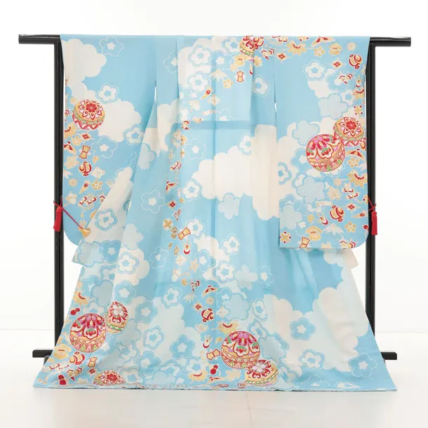 七五三(7歳袋帯)Y636【高級正絹】水色 慶長絞り 雲取りに梅