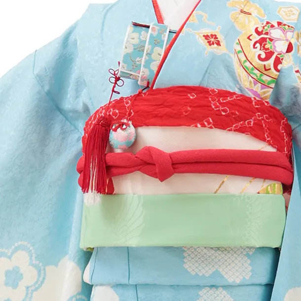 七五三(7歳袋帯)Y636【高級正絹】水色 慶長絞り 雲取りに梅