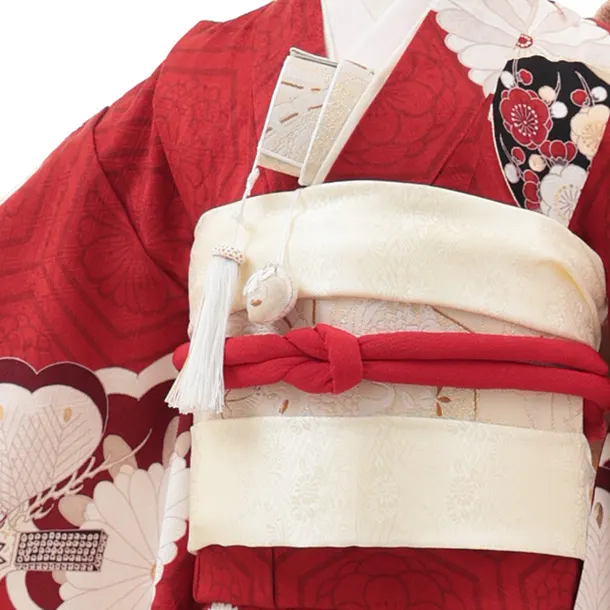 七五三(7歳女児結び帯) 高級正絹Y644 紅一点  赤地 小槌に菱菊