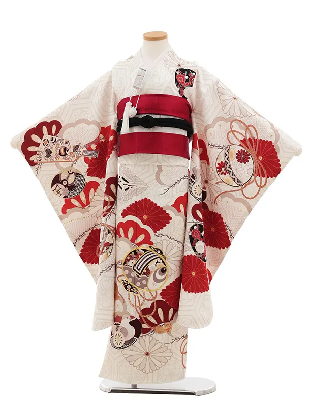 七五三(7歳女児結び帯) 高級正絹Y645 紅一点  白地 小槌に菱菊