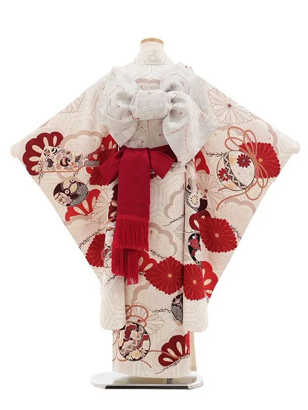 七五三(7歳女児結び帯) 高級正絹Y645 紅一点  白地 小槌に菱菊