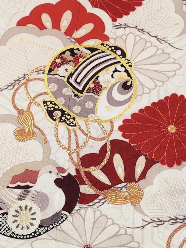 七五三(7歳女児結び帯) 高級正絹Y645 紅一点  白地 小槌に菱菊