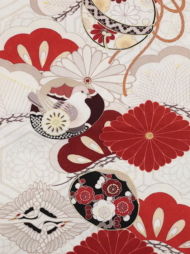七五三(7歳女児結び帯) 高級正絹Y645 紅一点  白地 小槌に菱菊