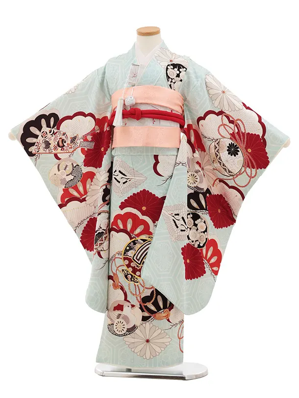 七五三(7歳女児結び帯) 高級正絹Y646 紅一点  水色地 小槌に菱菊
