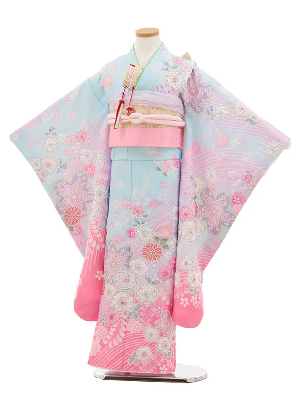 七五三(7歳結び帯)Y650 水色裾ピンク辻が花調