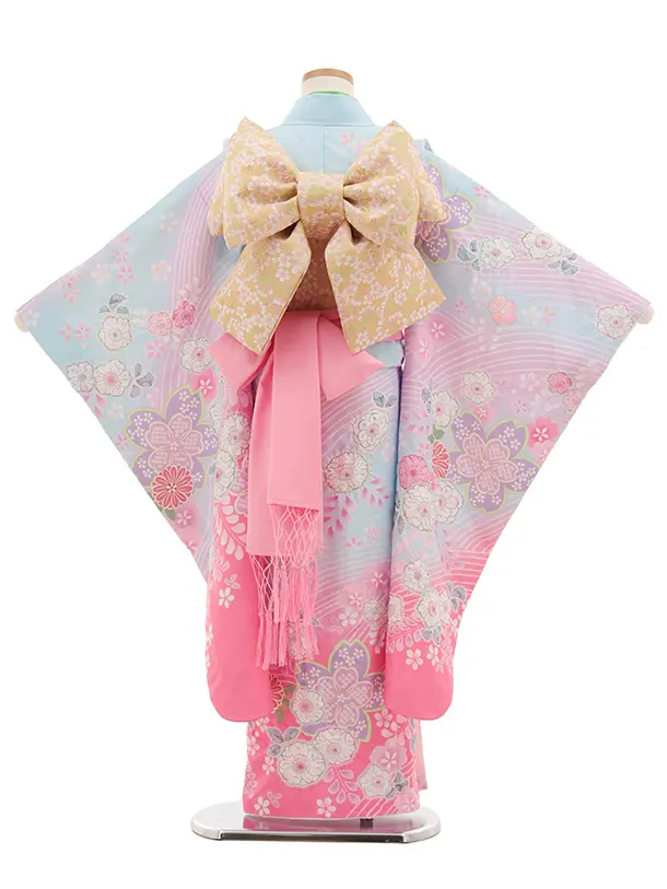 七五三(7歳結び帯)Y650 水色裾ピンク辻が花調