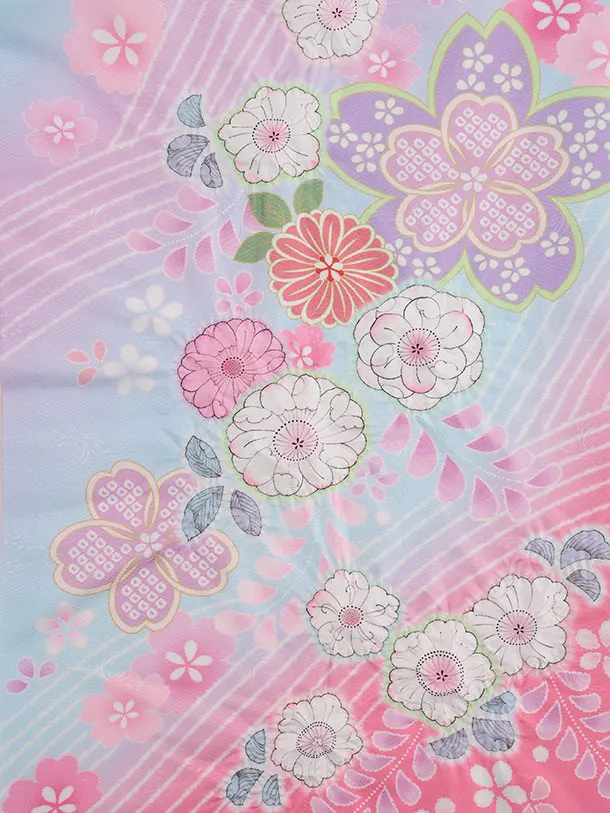 七五三(7歳結び帯)Y650 水色裾ピンク辻が花調