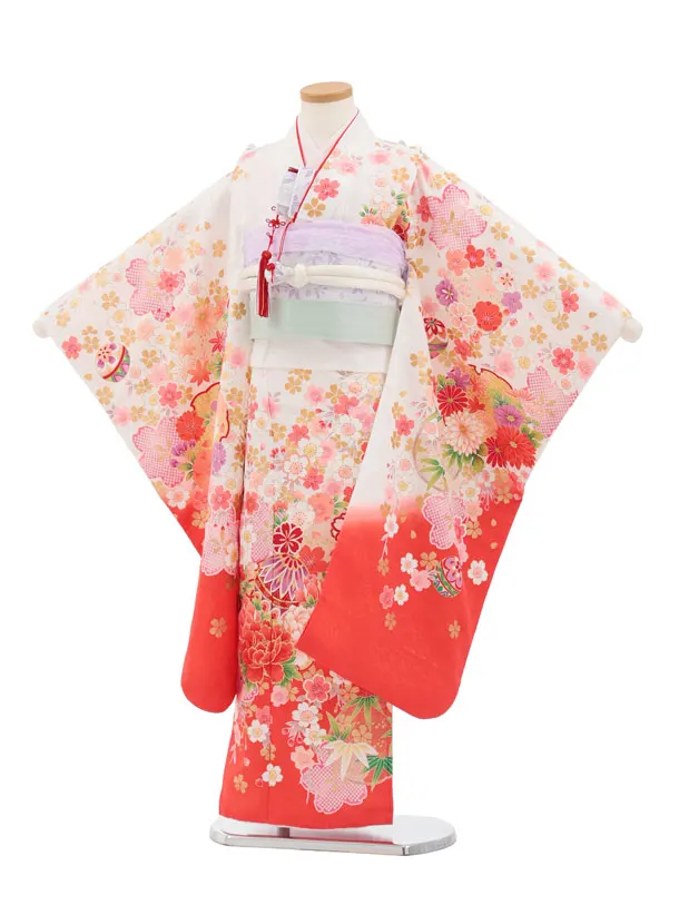 七五三(7歳結び帯)Y653 白地裾オレンジ鞠 桜牡丹