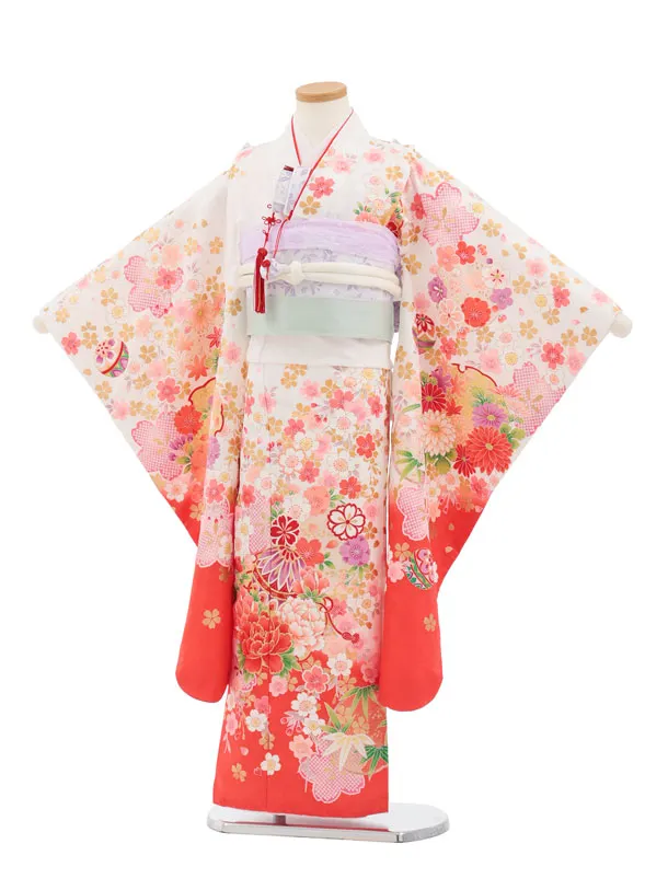 七五三(7歳結び帯)Y653 白地裾オレンジ鞠 桜牡丹