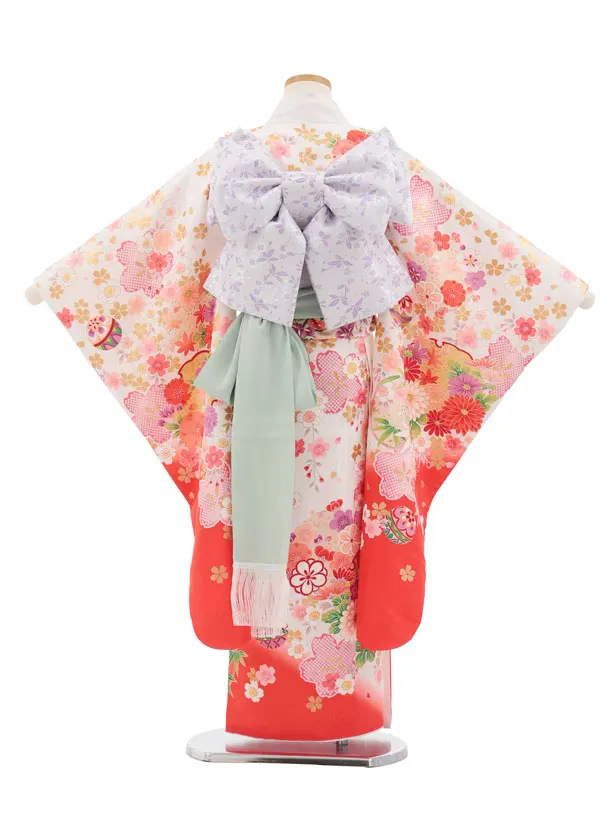 七五三(7歳結び帯)Y653 白地裾オレンジ鞠 桜牡丹