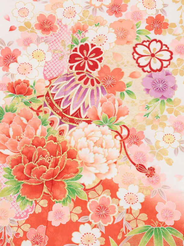 七五三(7歳結び帯)Y653 白地裾オレンジ鞠 桜牡丹