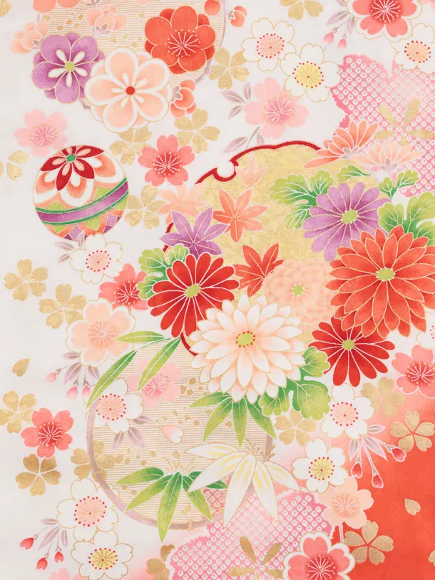 七五三(7歳結び帯)Y653 白地裾オレンジ鞠 桜牡丹