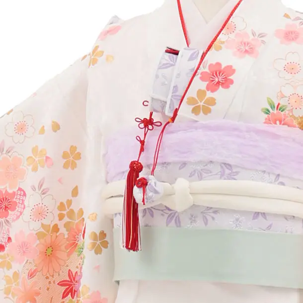 七五三(7歳結び帯)Y653 白地裾オレンジ鞠 桜牡丹