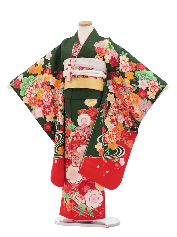 七五三(7歳結び帯)Y654 グリーン裾赤 流水貝桶に梅
