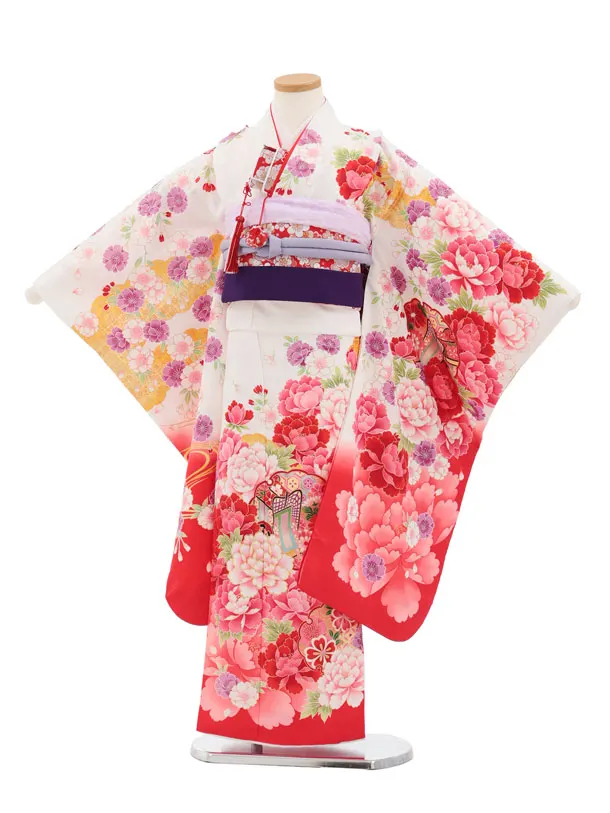 七五三(7歳結び帯)Y655 白地裾赤 雪輪に牡丹桜