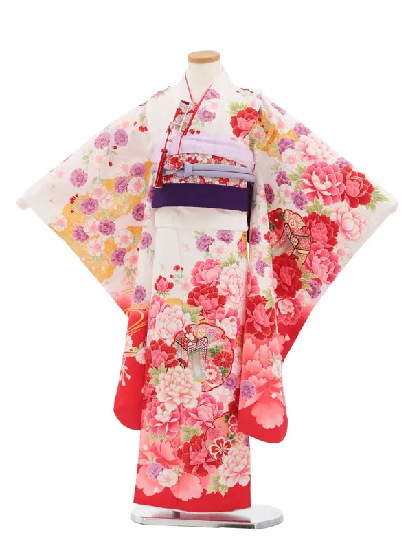 七五三(7歳結び帯)Y655 白地裾赤 雪輪に牡丹桜