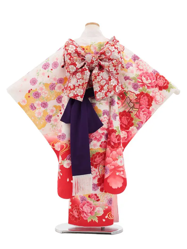 七五三(7歳結び帯)Y655 白地裾赤 雪輪に牡丹桜