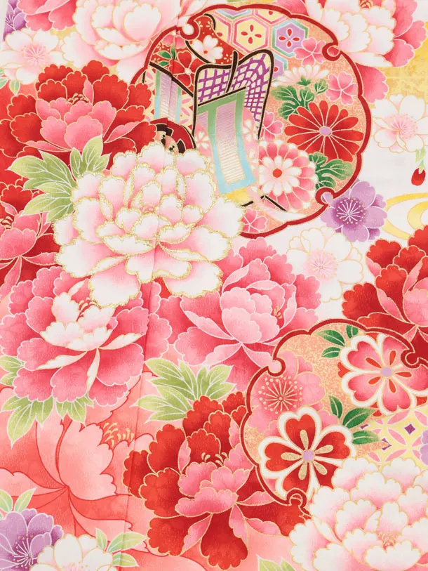 七五三(7歳結び帯)Y655 白地裾赤 雪輪に牡丹桜