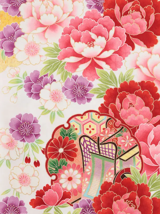 七五三(7歳結び帯)Y655 白地裾赤 雪輪に牡丹桜