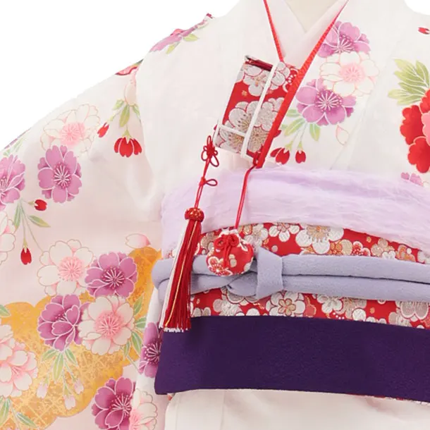 七五三(7歳結び帯)Y655 白地裾赤 雪輪に牡丹桜