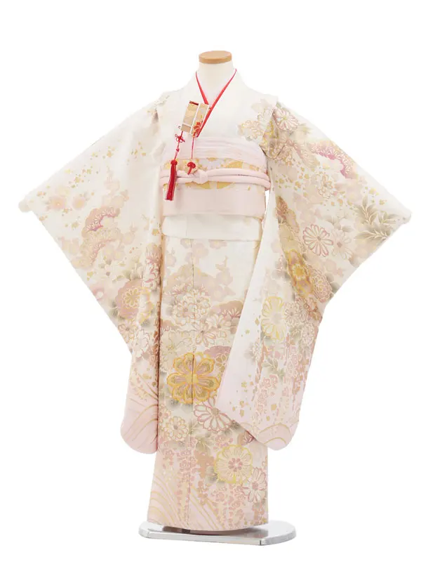 七五三(7歳袋帯)Y657 【高級正絹】桂由美 白地 金彩裾ピンク 花づくし