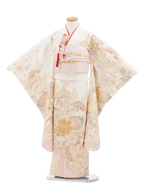 七五三(7歳袋帯)Y657 【高級正絹】桂由美 白地 金彩裾ピンク 花づくし