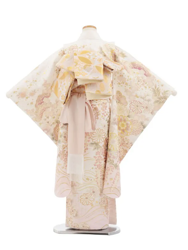 七五三(7歳袋帯)Y657 【高級正絹】桂由美 白地 金彩裾ピンク 花づくし