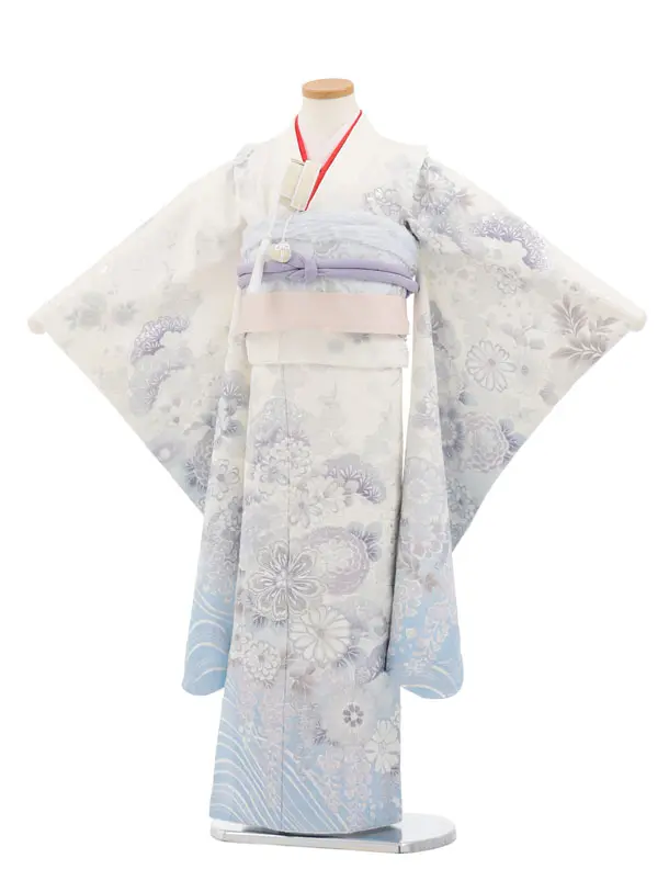 七五三(7歳袋帯)Y659 【高級正絹】桂由美 白地 銀彩裾ブルー 花づくし