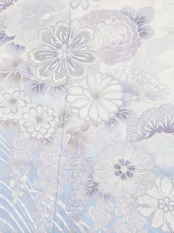 七五三(7歳袋帯)Y659 【高級正絹】桂由美 白地 銀彩裾ブルー 花づくし