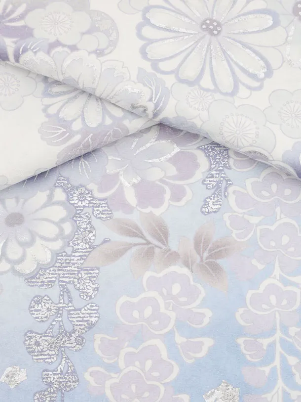 七五三(7歳袋帯)Y659 【高級正絹】桂由美 白地 銀彩裾ブルー 花づくし