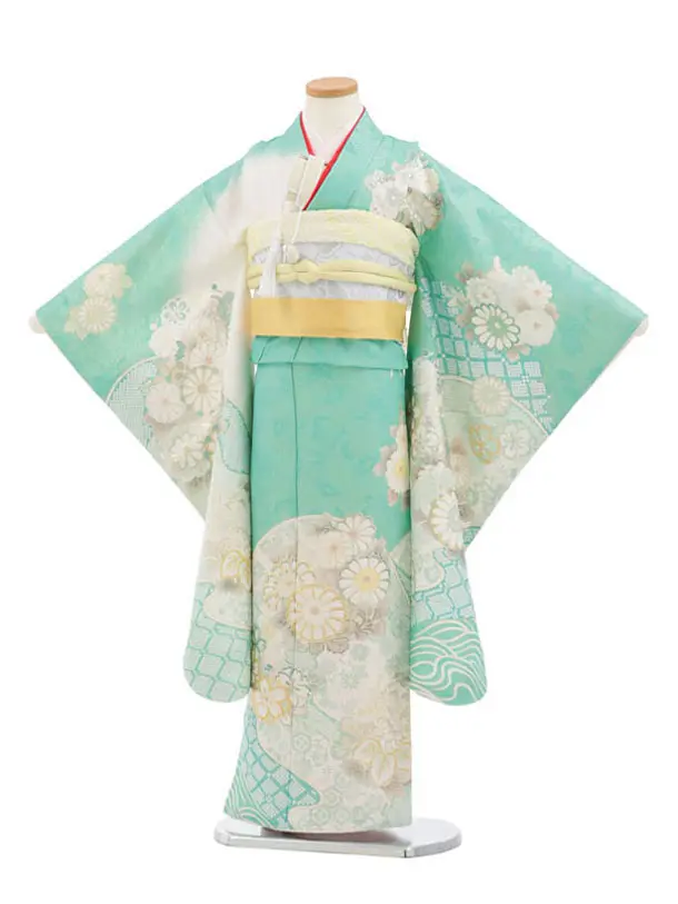 七五三(7歳袋帯)Y660 【高級正絹】桂由美 ミントラメ波に花づくし