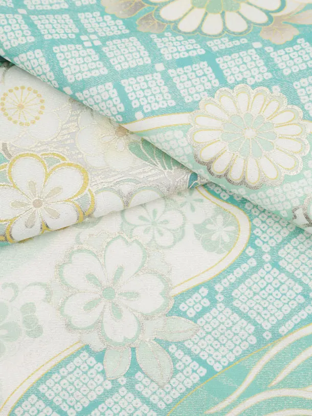 七五三(7歳袋帯)Y660 【高級正絹】桂由美 ミントラメ波に花づくし