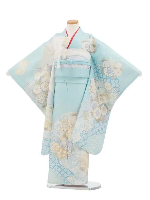 七五三(7歳袋帯)Y661 【高級正絹】桂由美 水色ラメ波に花づくし