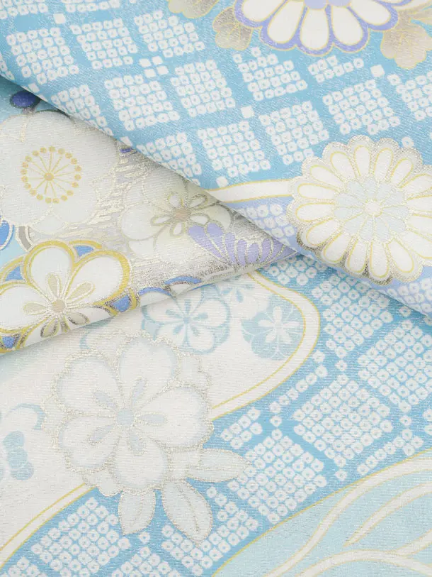 七五三(7歳袋帯)Y661 【高級正絹】桂由美 水色ラメ波に花づくし