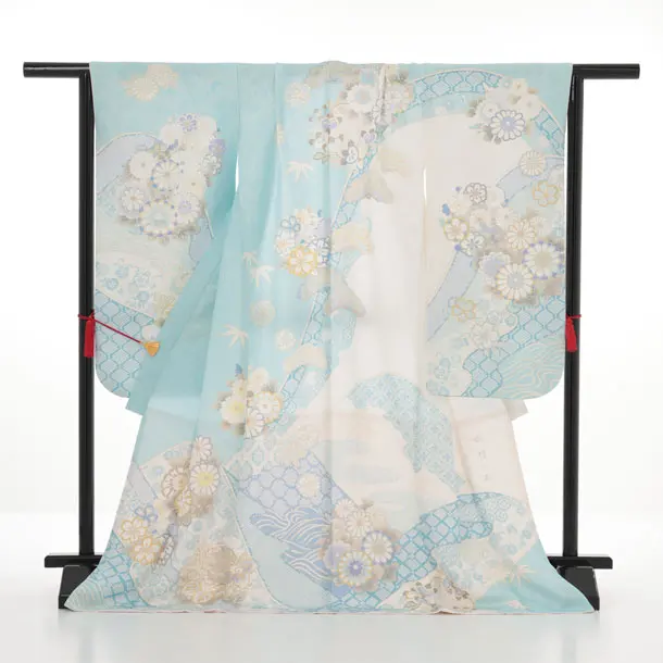 七五三(7歳袋帯)Y661 【高級正絹】桂由美 水色ラメ波に花づくし