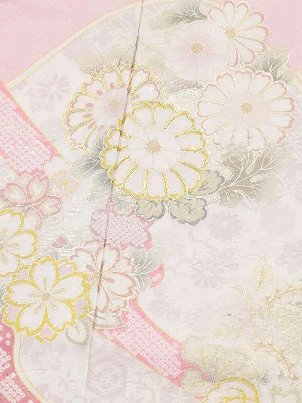 七五三(7歳袋帯)Y662 【高級正絹】桂由美 ピンクラメ波に花づくし